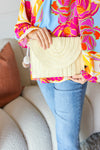 Raffia Flap Closure Clutch Bag with Wrist Strap and Pom Pom