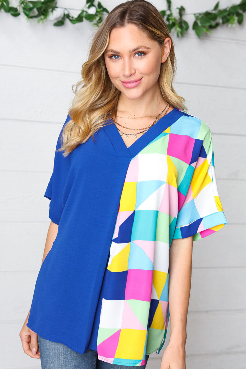 Royal Blue Multicolor Geometric Color Block Dolman Top