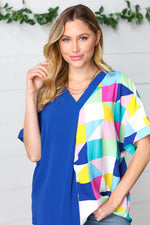 Royal Blue Multicolor Geometric Color Block Dolman Top