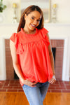 Red-Orange Mock Neck Flutter Sleeve Top