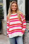 Follow Me Red/Pink Loose Knit Stripe Ribbed Pullover