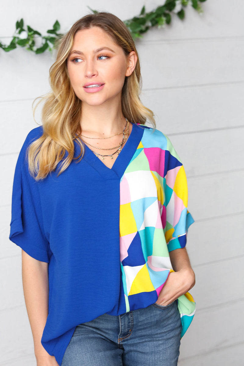 Royal Blue Multicolor Geometric Color Block Dolman Top