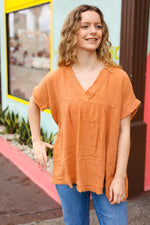 Tangerine Cotton Banded V Neck Frayed Pocketed Top