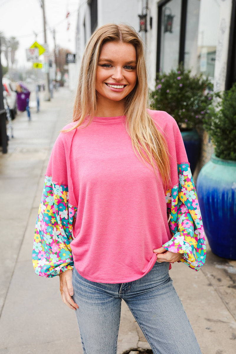 Lock Eyes Pink & Floral Bubble Sleeve French Terry Pullover