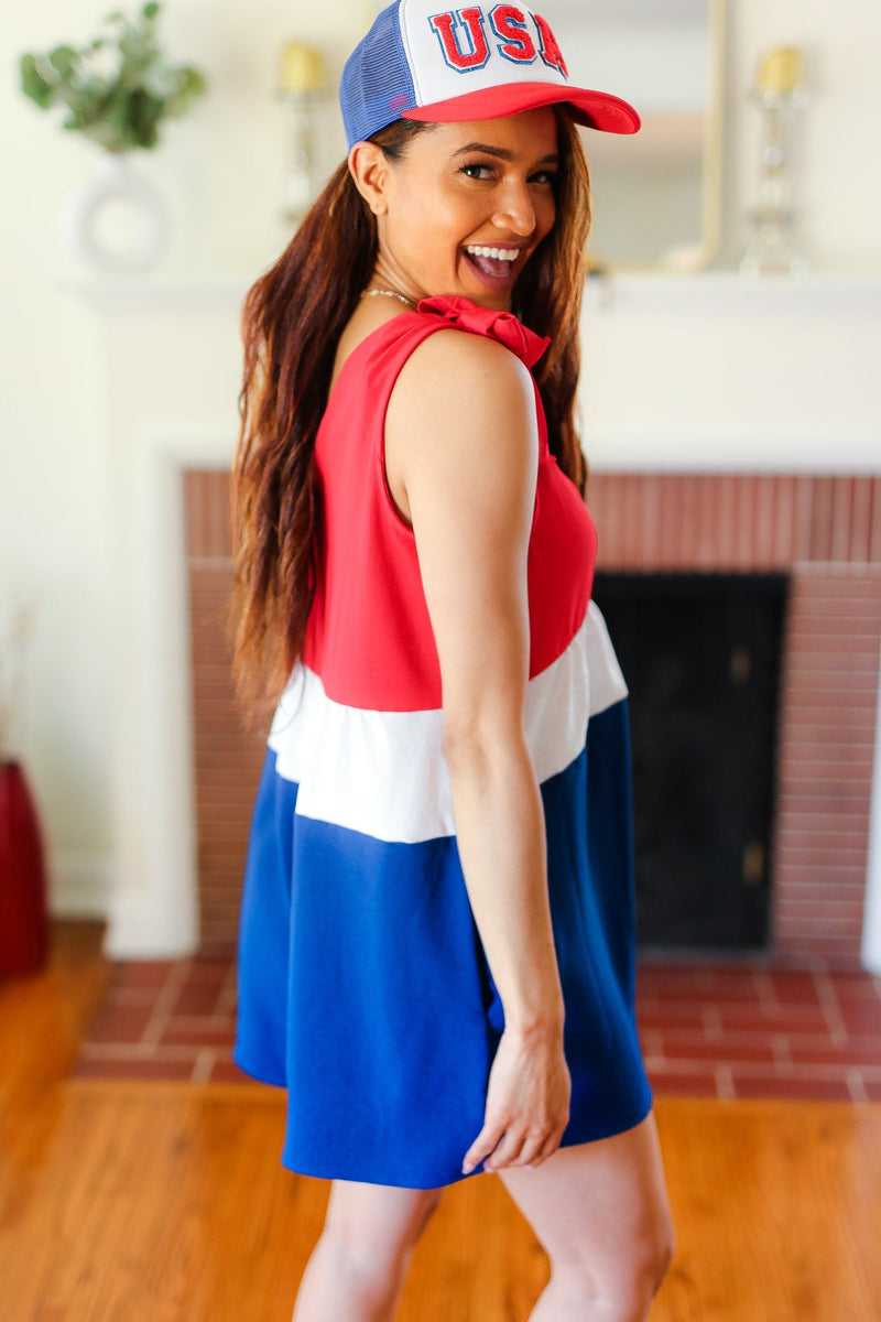 Holiday Ready Red White & Blue Color Block Shoulder Tie Romper