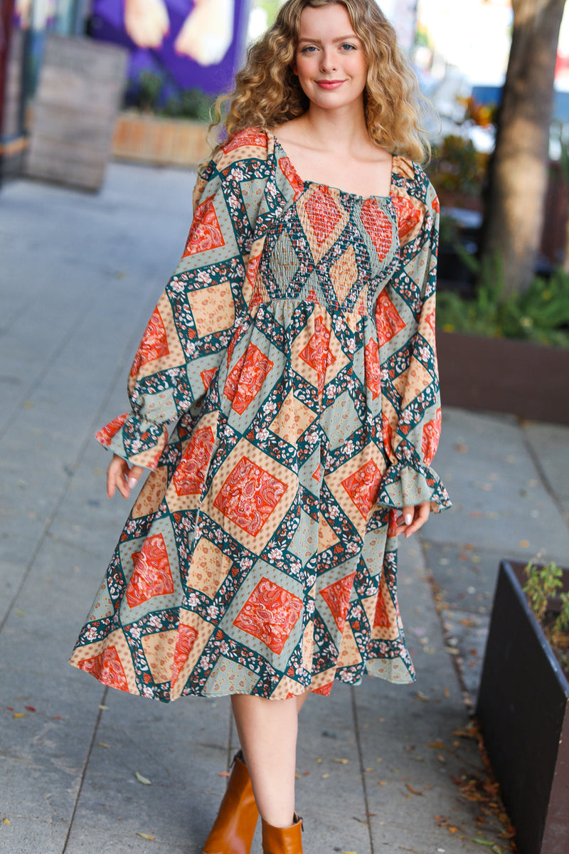 Rust & Teal Boho Smocked Woven Midi Dress