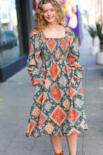 Rust & Teal Boho Smocked Woven Midi Dress