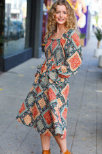 Rust & Teal Boho Smocked Woven Midi Dress