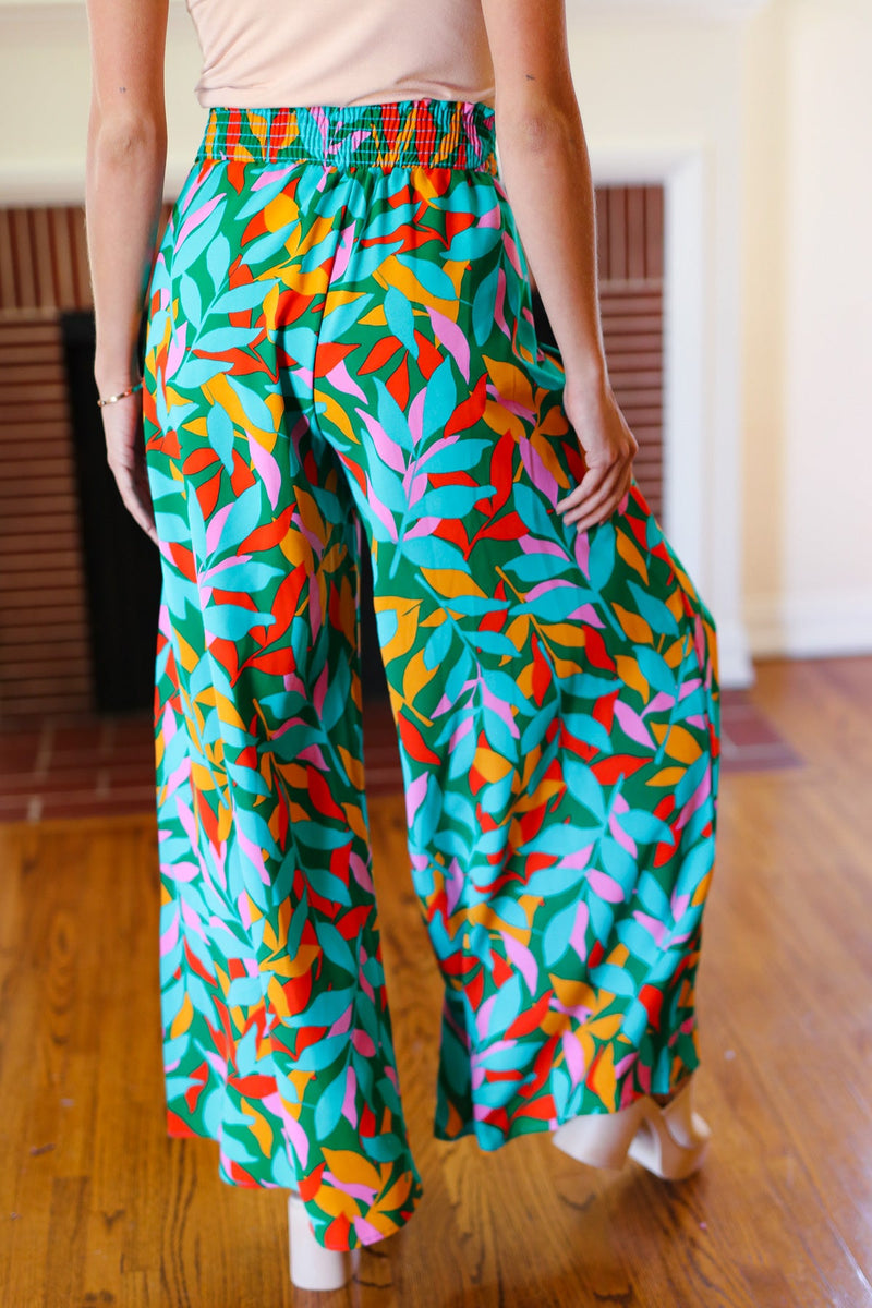 Summer Vibes Green & Orange Abstract Print Smocked Palazzo Pants