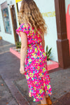 Fuchsia Floral Print Elastic Waist Ruffle Midi Dress