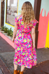 Fuchsia Floral Print Elastic Waist Ruffle Midi Dress