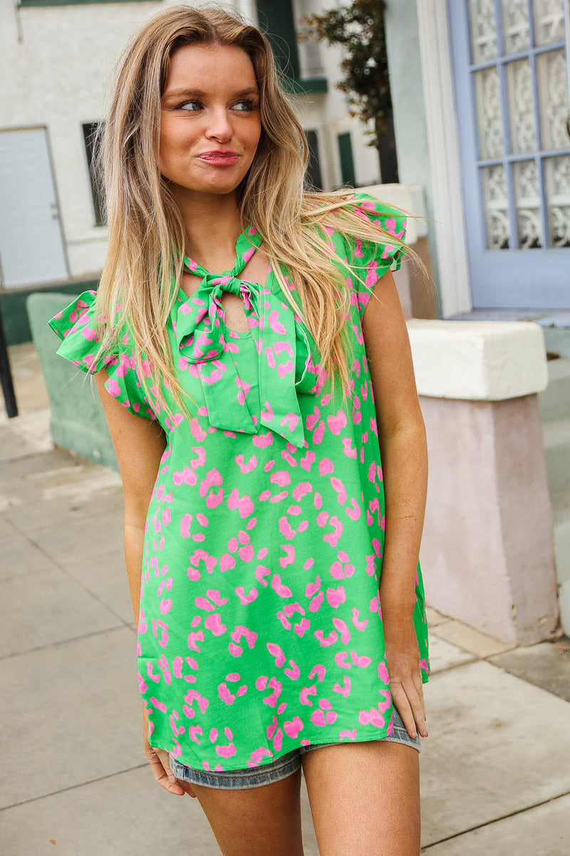 Be Bold Green Animal Print Bow Tie Flutter Sleeve Top