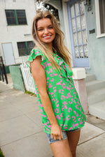 Be Bold Green Animal Print Bow Tie Flutter Sleeve Top