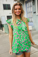 Be Bold Green Animal Print Bow Tie Flutter Sleeve Top