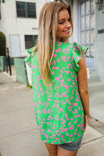 Be Bold Green Animal Print Bow Tie Flutter Sleeve Top