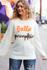 Cream Embroidered Neon "Hello Pumpkin" Chunky Sweater