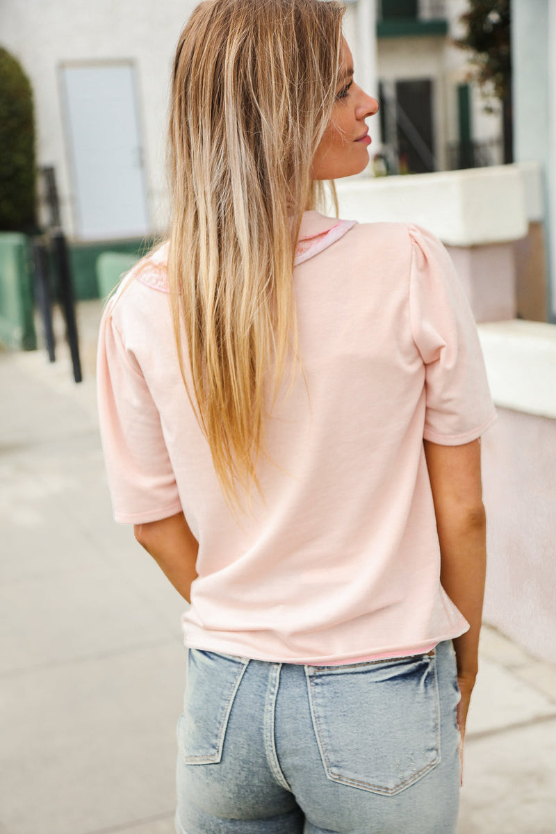 New Day Blush Flat Collar Floral French Terry Blouse