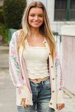 All For Love Ivory Jacquard Vertical Floral Button Down Cardigan