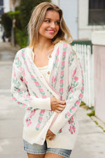 All For Love Ivory Jacquard Vertical Floral Button Down Cardigan