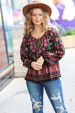 Take The Leap Black & Mauve Border Print Boho Tie Top