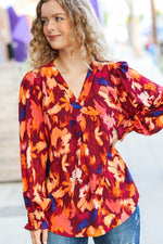 Burgundy Floral Abstract Print V Neck Smocked Top