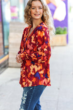 Burgundy Floral Abstract Print V Neck Smocked Top