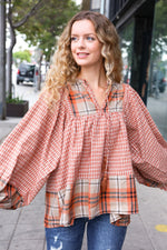 Under Your Spell Rust Plaid Color Block Notch Neck Top