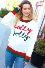 Hohoho Red & Green "Holly Jolly" Lurex Embroidered Sweater