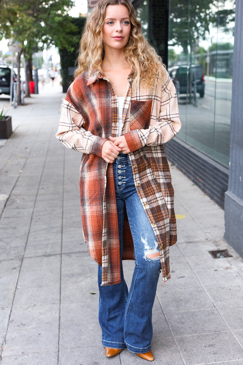 Stand Out Rust & Taupe Color Block Plaid Longline Shacket