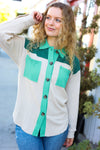 Hunter Green Ribbed Colorblock Button Down Shacket