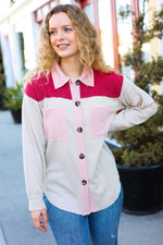 Cranberry Ribbed Colorblock Button Down Shacket