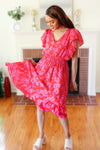 Remember Me Red & Pink Floral Print Smocked Waist Midi Dress