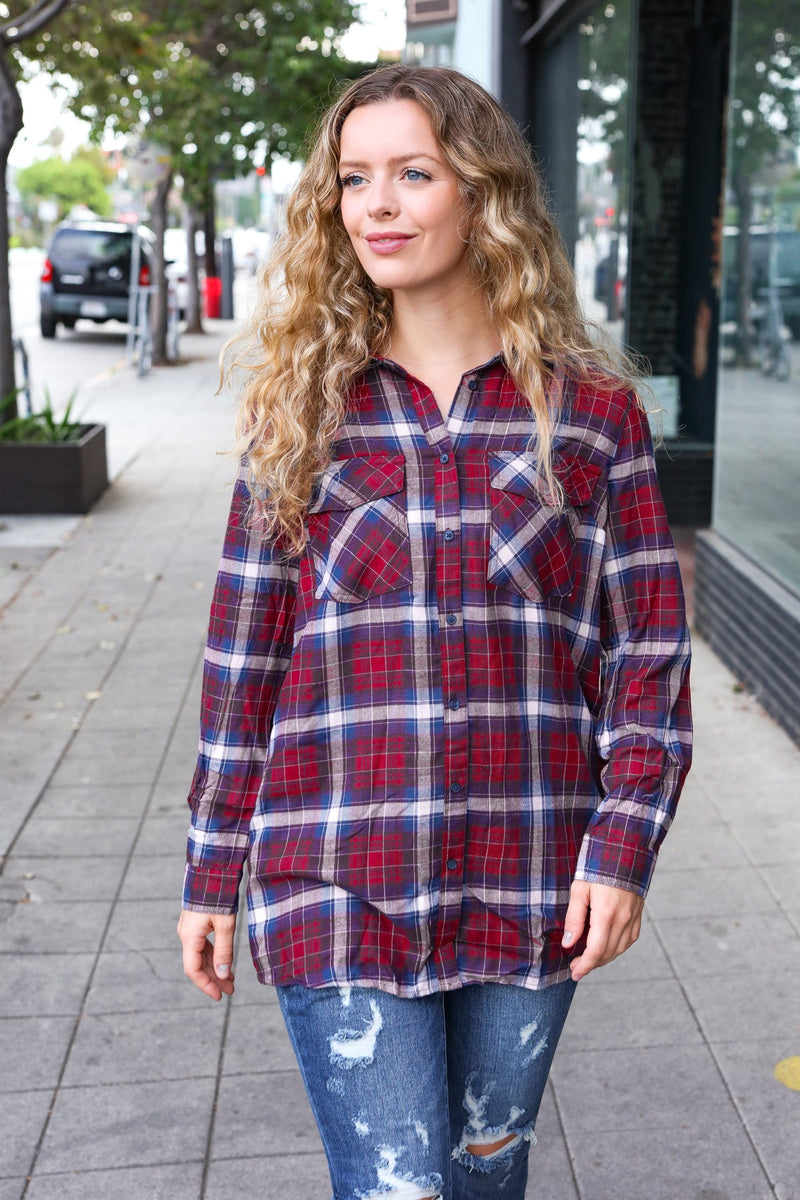 Make a Move Cabernet Plaid Button Down Long Sleeve Top