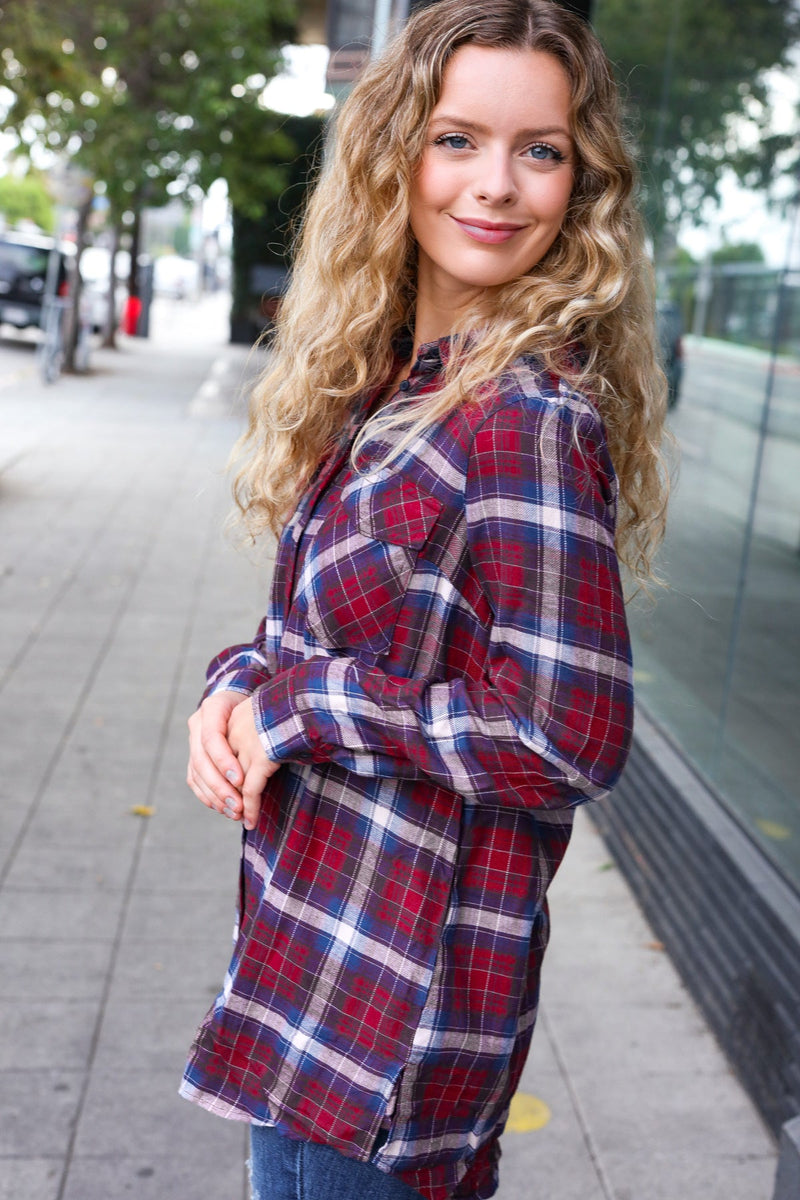 Make a Move Cabernet Plaid Button Down Long Sleeve Top