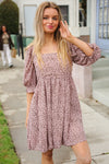 Find Love Taupe Animal Square Neck Tie Back Babydoll Dress