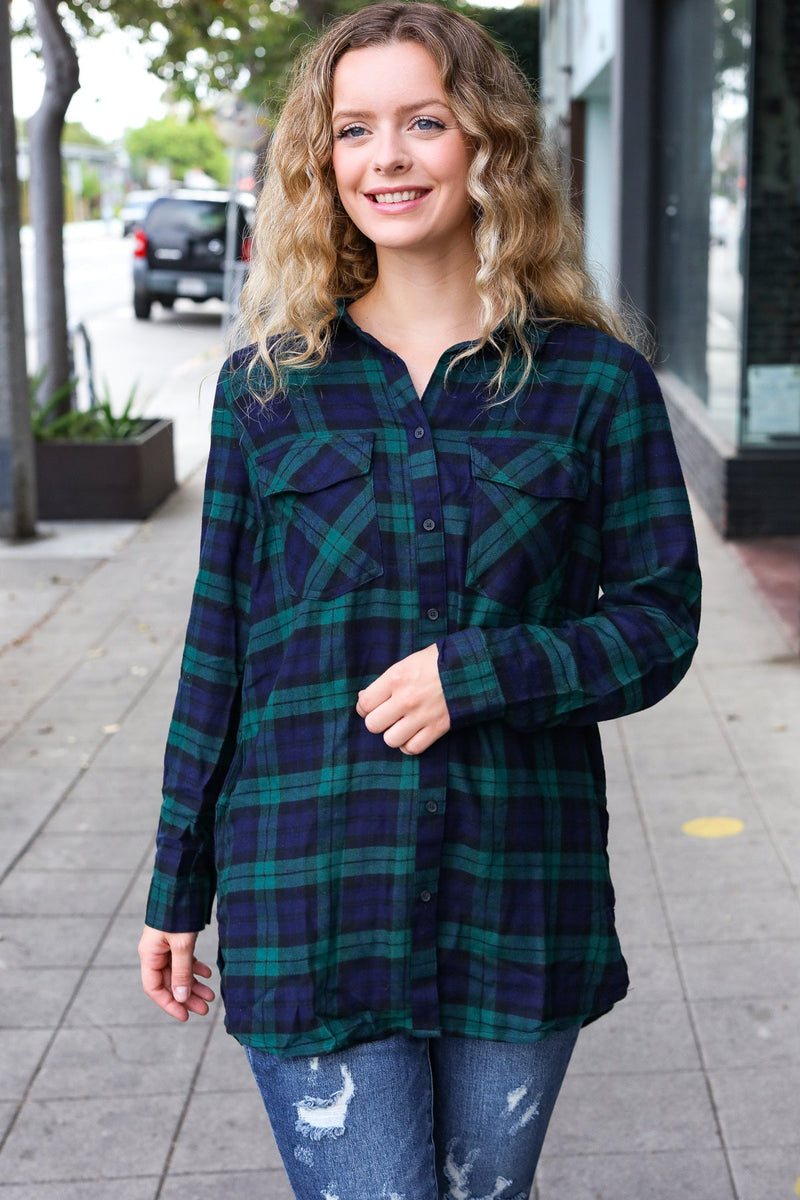 Make A Move Navy & Green Plaid Button Down Long Sleeve Top