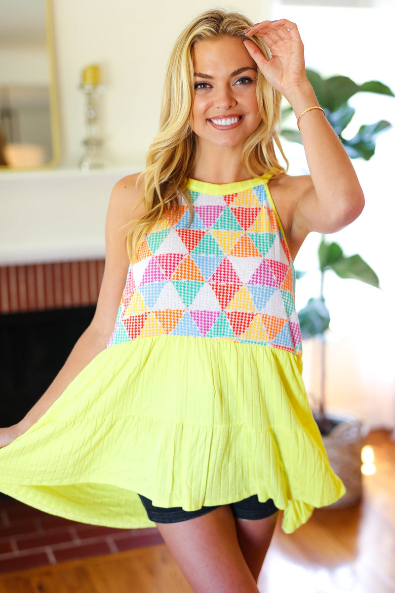 Yellow Geometric Knit Babydoll Halter Top