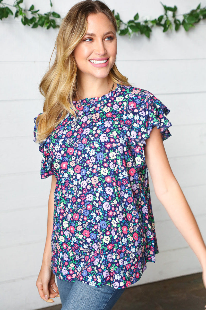 Navy Floral Mock Neck Flutter Sleeve Top