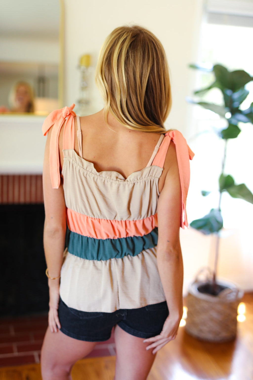 Peach Tie Knot Shoulder Detail Color Block Top