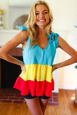 Multicolor Tiered Shoulder Tie Bow Crepe Top