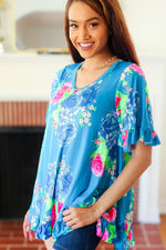 Feeling Playful Blue Floral Ruffle Sleeve & Hem Tunic Top