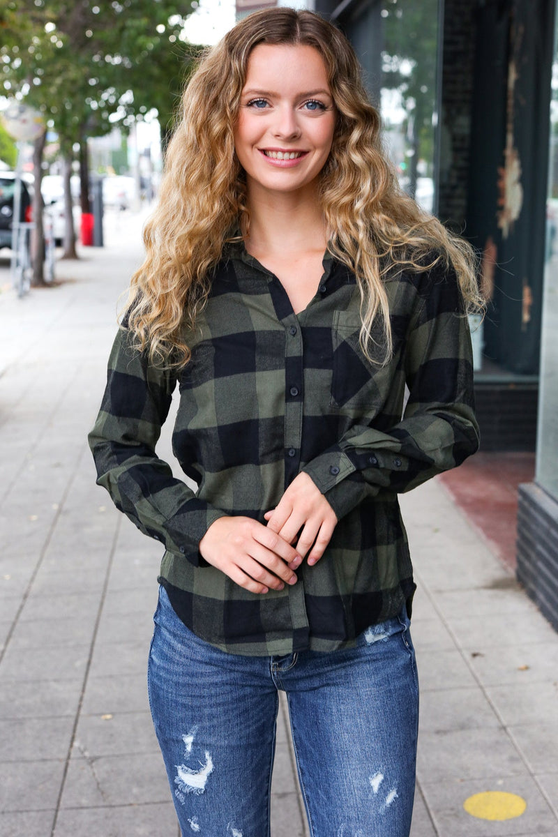 Casual Chic Army Green Plaid Button Down Long Sleeve Top