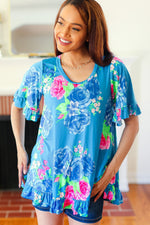 Feeling Playful Blue Floral Ruffle Sleeve & Hem Tunic Top