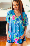 Feeling Playful Blue Floral Ruffle Sleeve & Hem Tunic Top