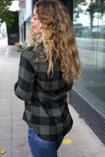 Casual Chic Army Green Plaid Button Down Long Sleeve Top