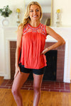 Orange-Red Embroidery Lace Edge Yoke Top