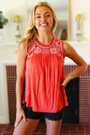 Orange-Red Embroidery Lace Edge Yoke Top