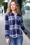 Casual Chic Blue Plaid Button Down Long Sleeve Top