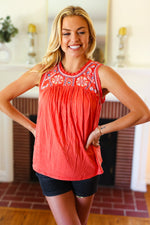 Orange-Red Embroidery Lace Edge Yoke Top