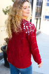 Casual Chic Burgundy Pointelle Lace Shoulder Knit Sweater